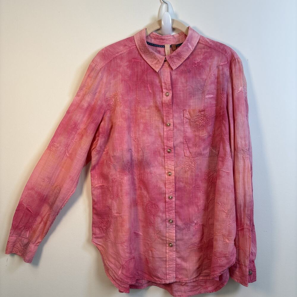 Anthropologie Pilcro Embroidered Tonal Pink Tie Dye Button Up S Boho Cottagecore